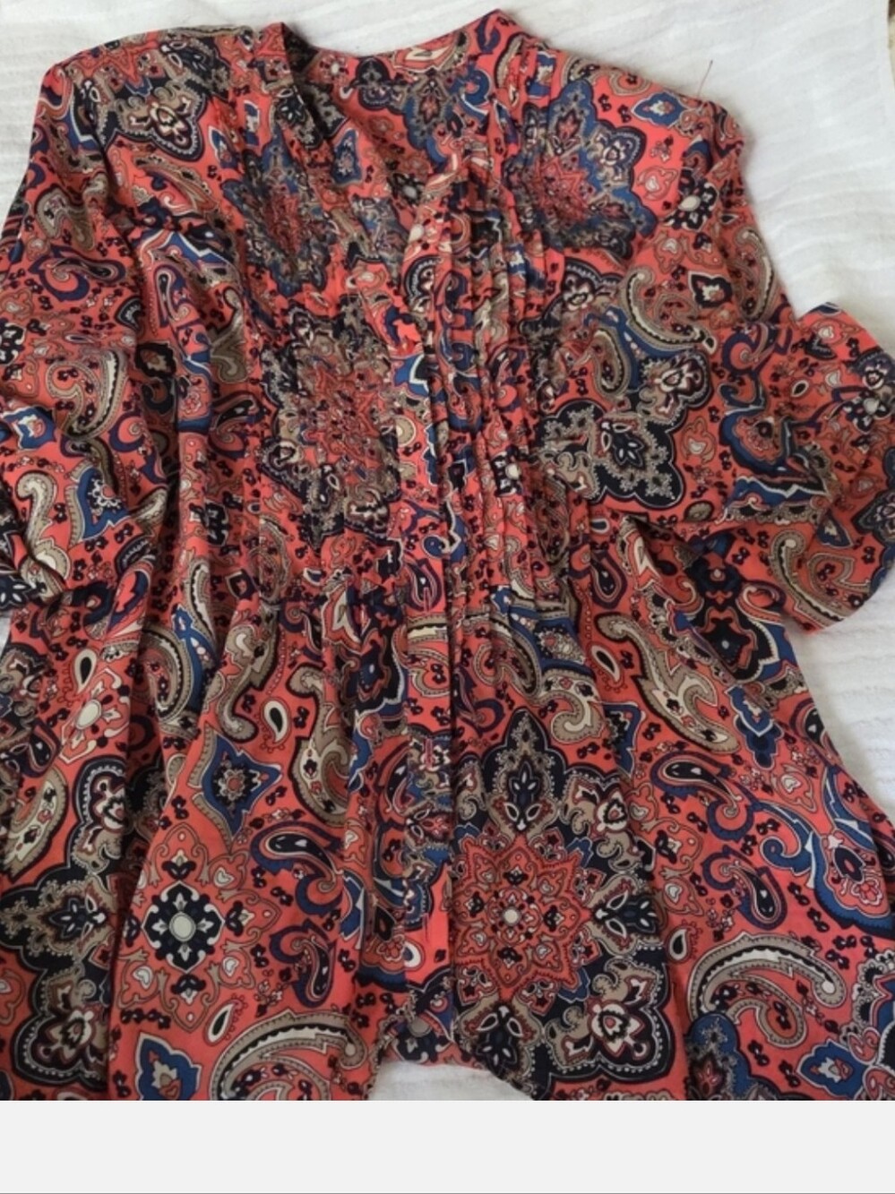 Boho Coral Paisley Women’s Peasant Top, Business Causual, Silky Feel, Lightweigh - Picture 5 of 7